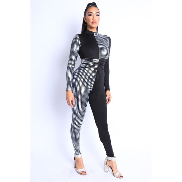 Women's Mosaic Colorblock Tie Detailed Jumpsuit Party Club Lounge Jumpsuit - Picture 4 of 13